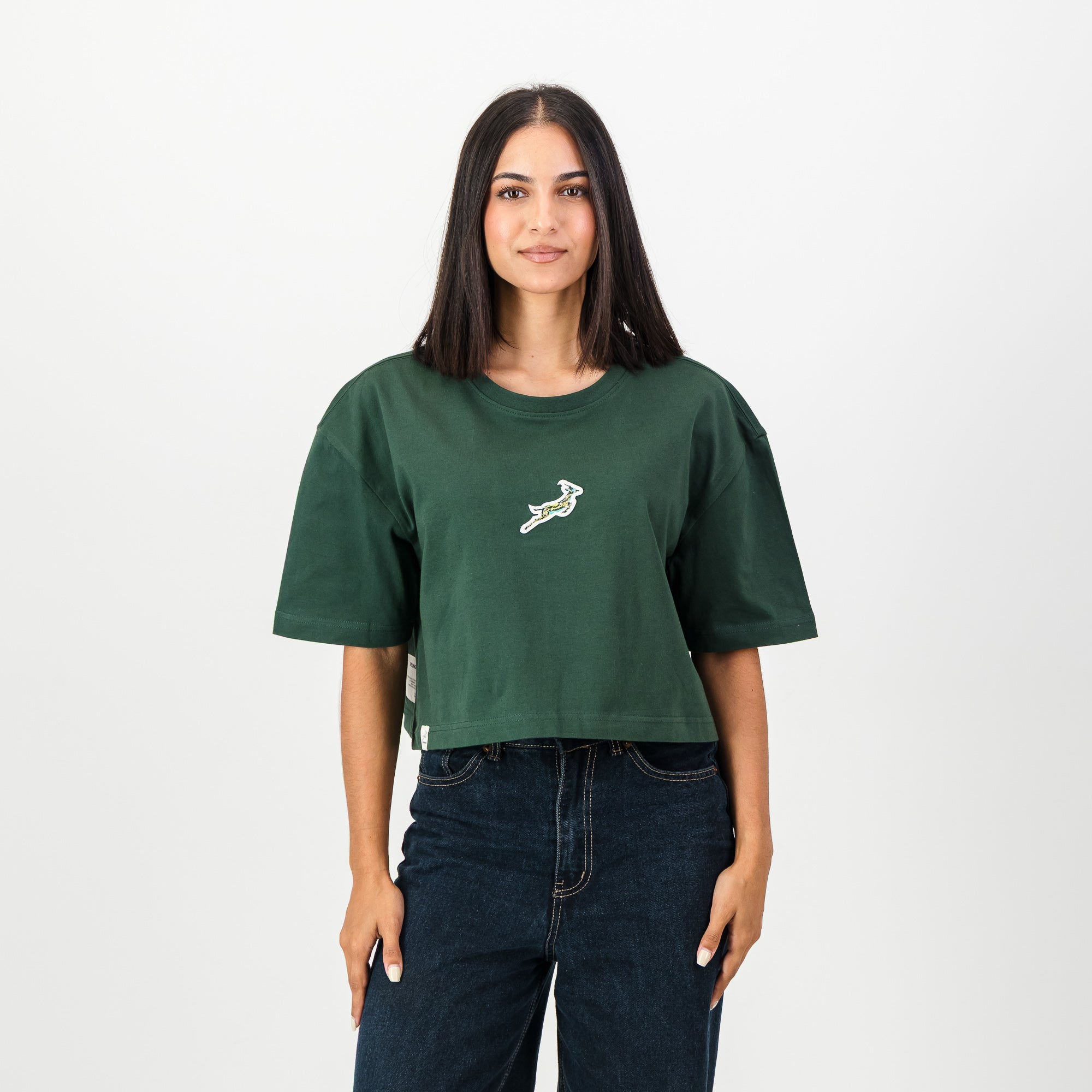 Springboks Pop Badge Ladies Boxy Crew Tee - OS Green - Old School
