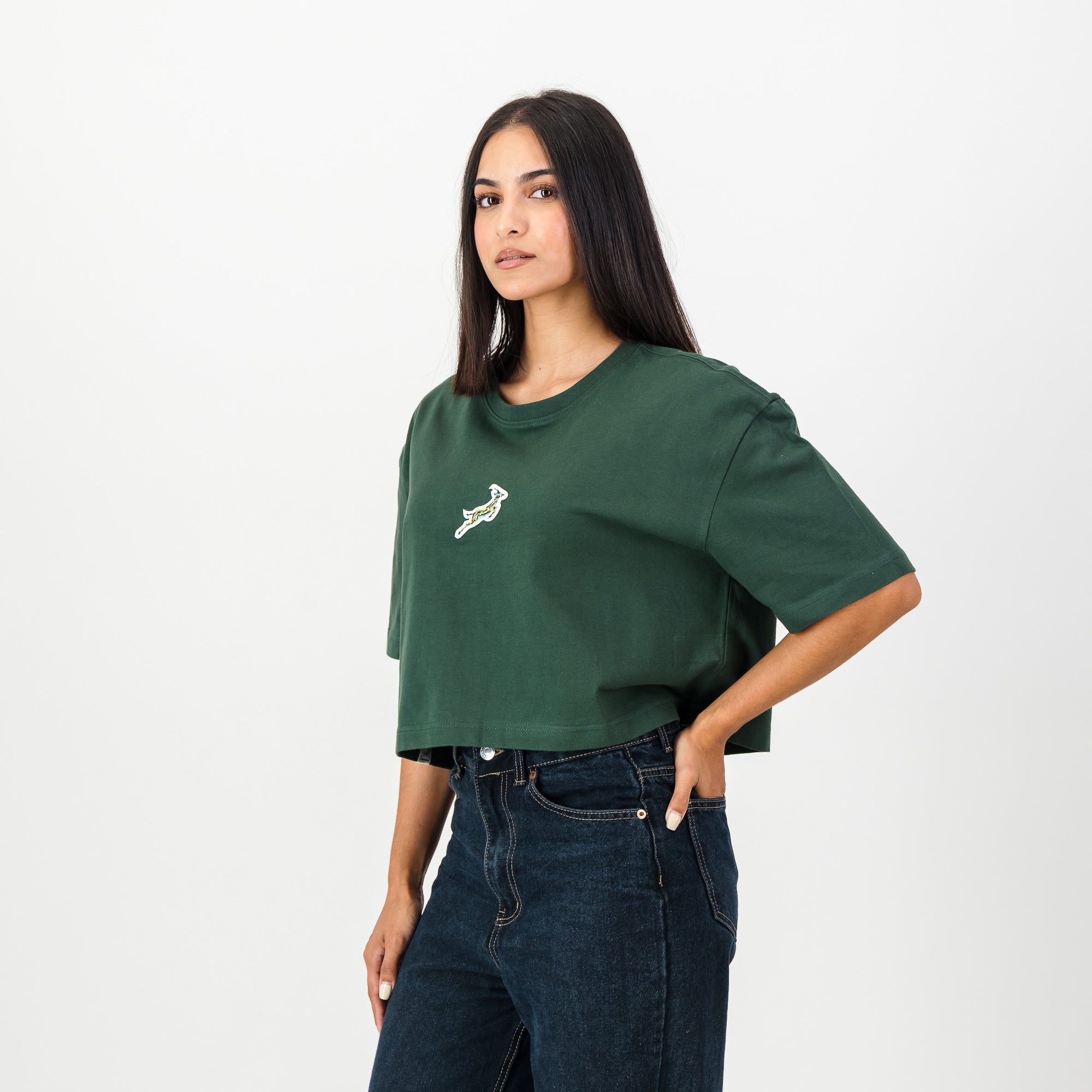 Springboks Pop Badge Ladies Boxy Crew Tee - OS Green - Old School
