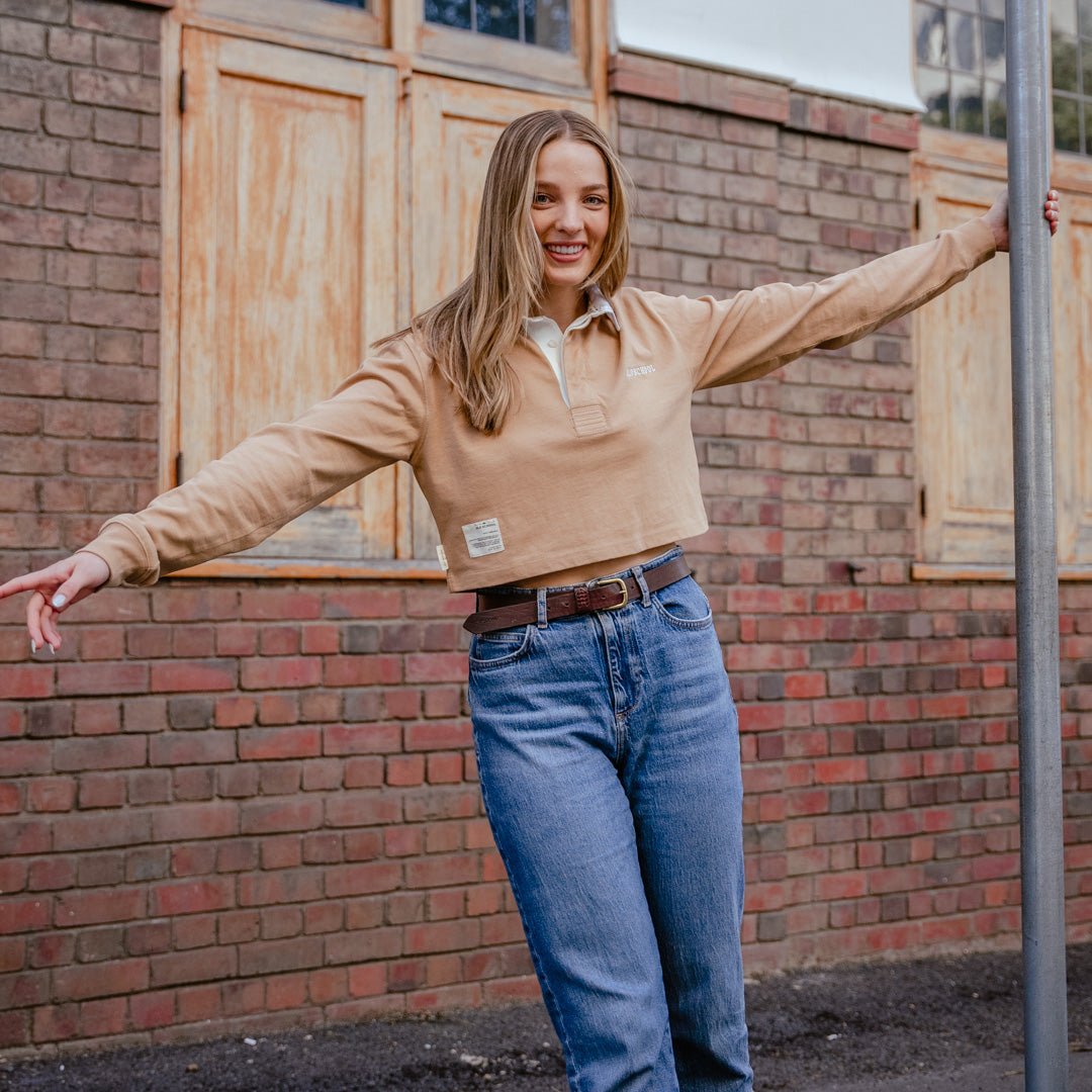 Ladies Cropped Long Sleeve Rugby Jersey - Tan - Old School