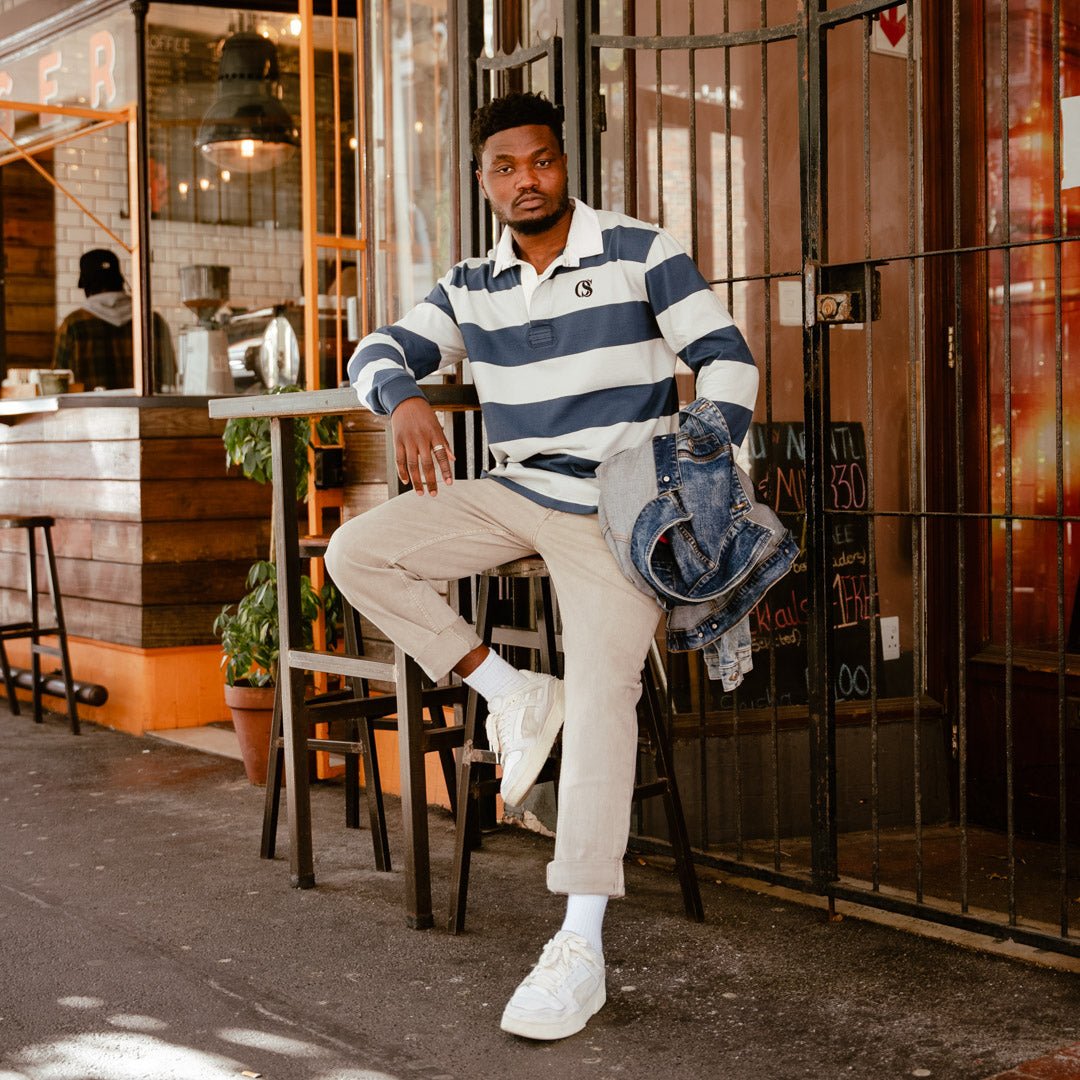 Long Sleeve Rugby Jersey - Navy and Grey Stripe - Old School