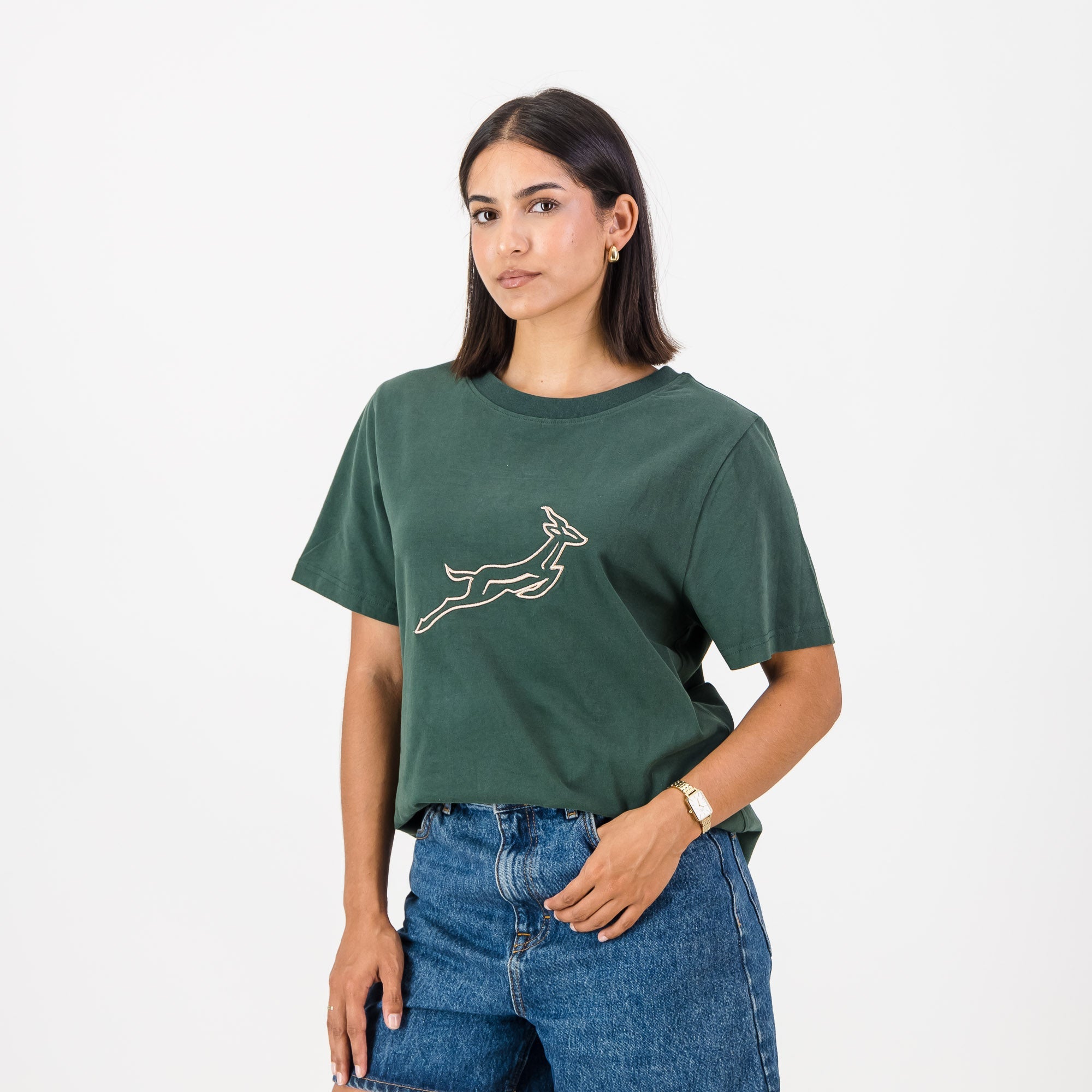Springboks Outline Bok Ladies Crew Tee - OS Green - Old School