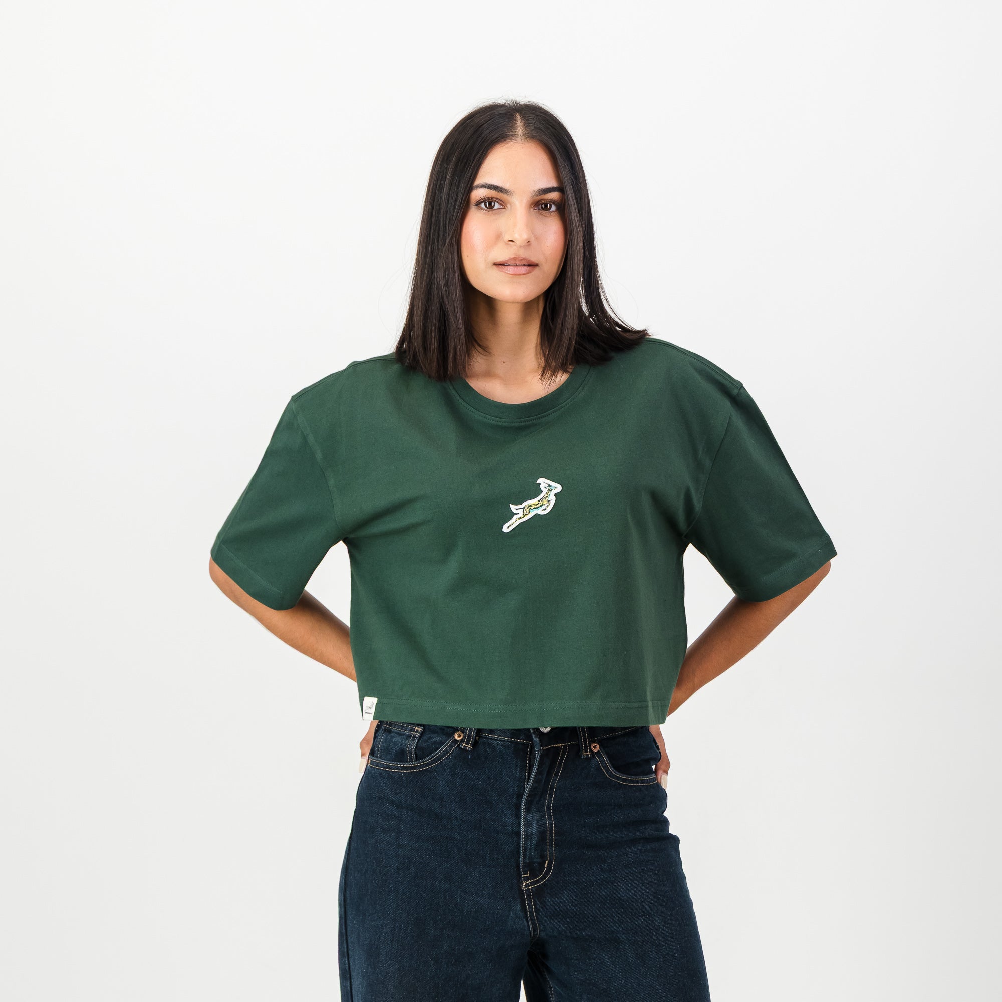 Springboks Pop Badge Ladies Boxy Crew Tee - OS Green - Old School