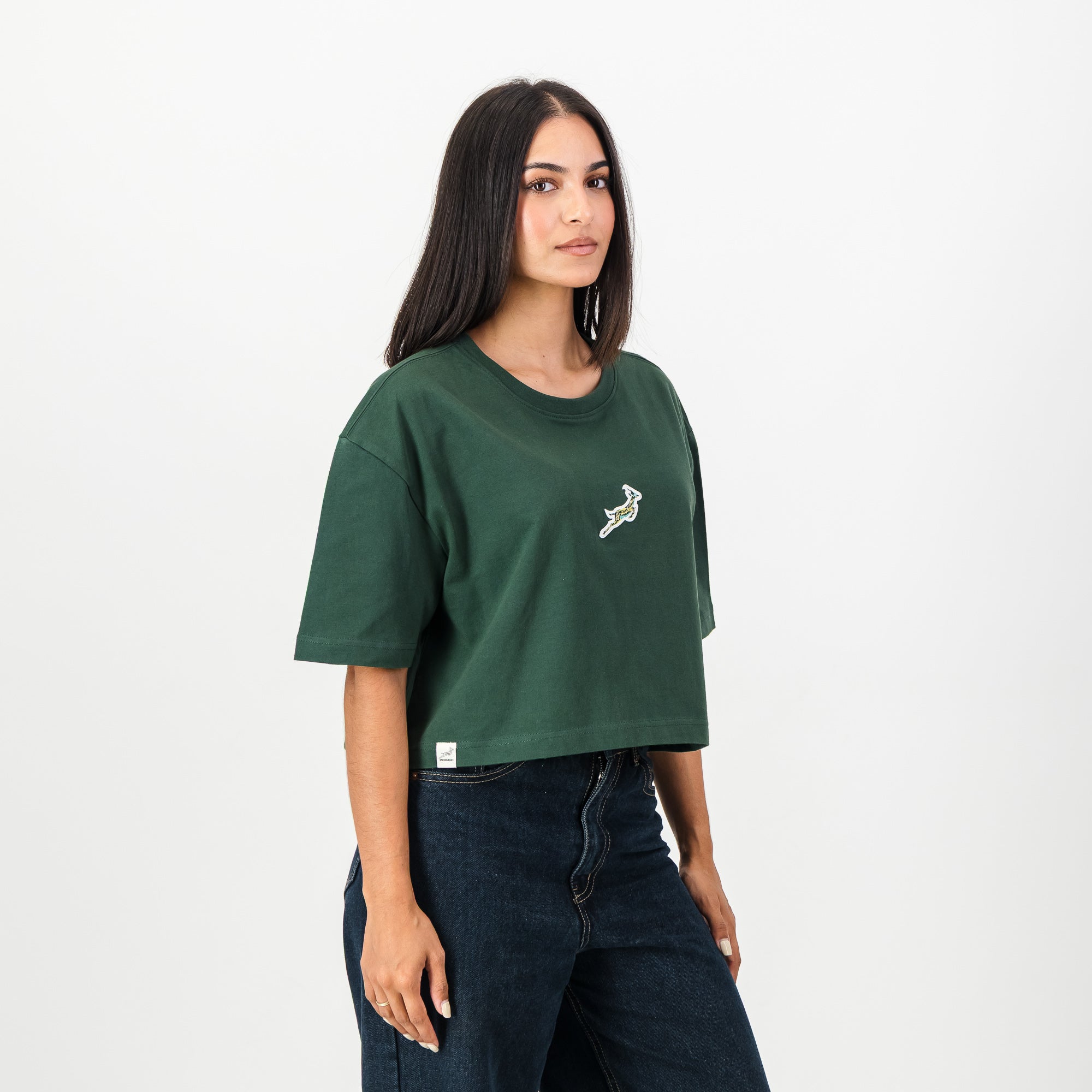 Springboks Pop Badge Ladies Boxy Crew Tee - OS Green - Old School