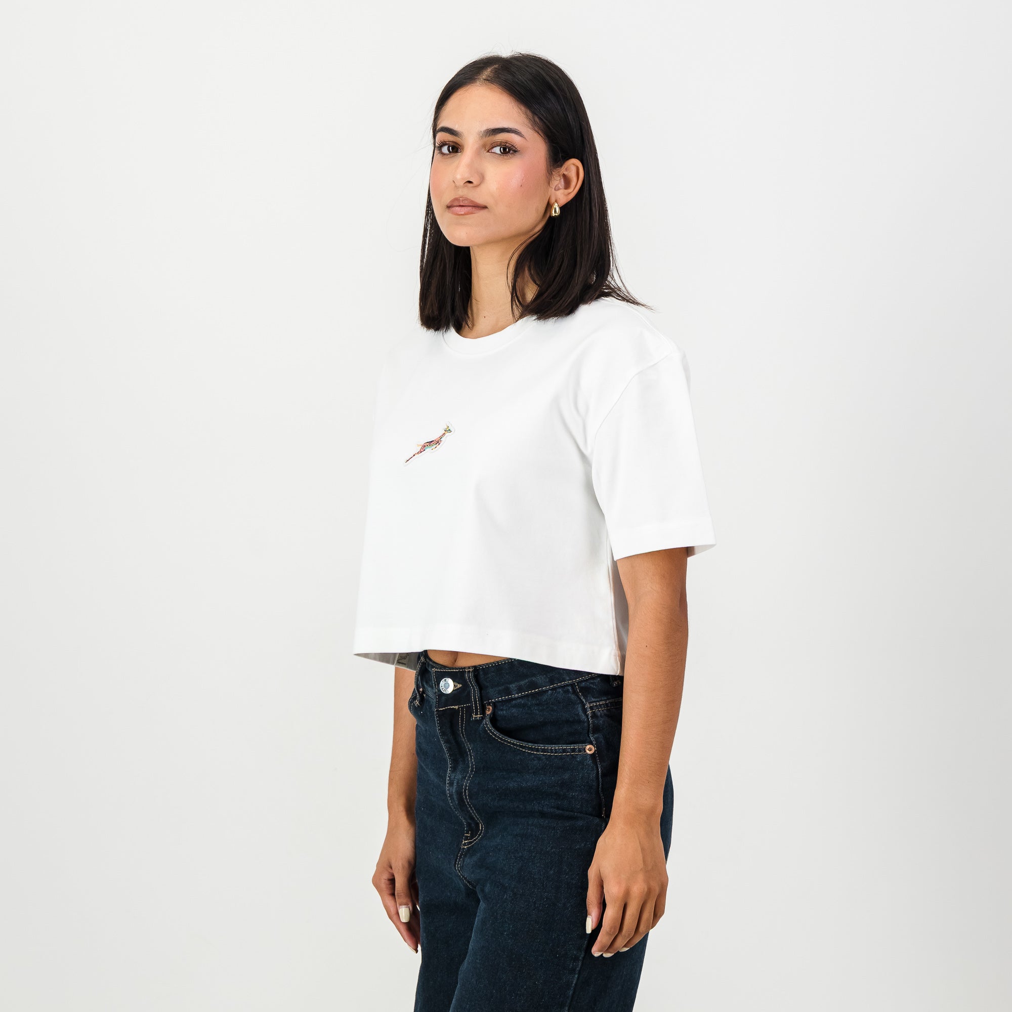 Springboks Pop Badge Ladies Boxy Crew Tee - White - Old School