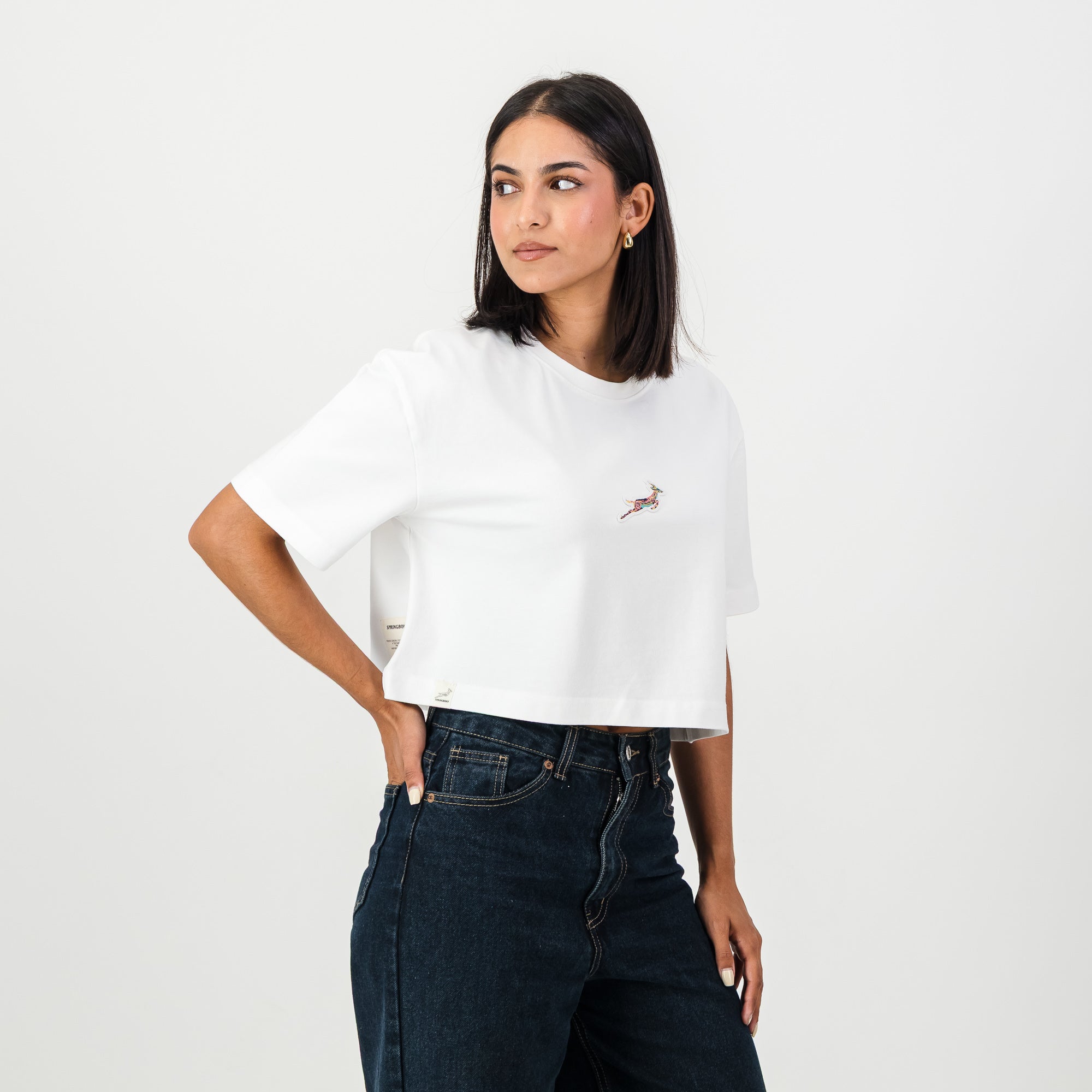 Springboks Pop Badge Ladies Boxy Crew Tee - White - Old School