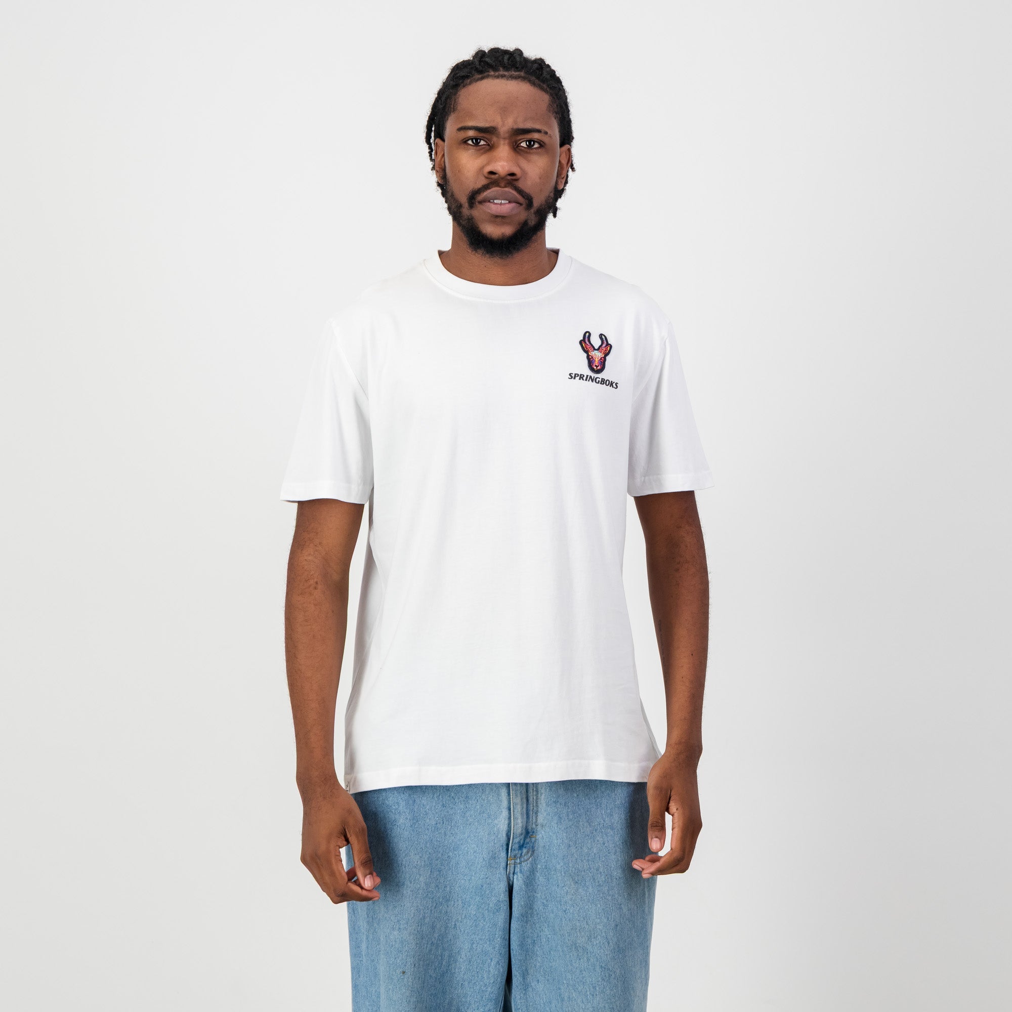 Springboks SML EMB Head Bok Regular Crew Tee - White - Old School