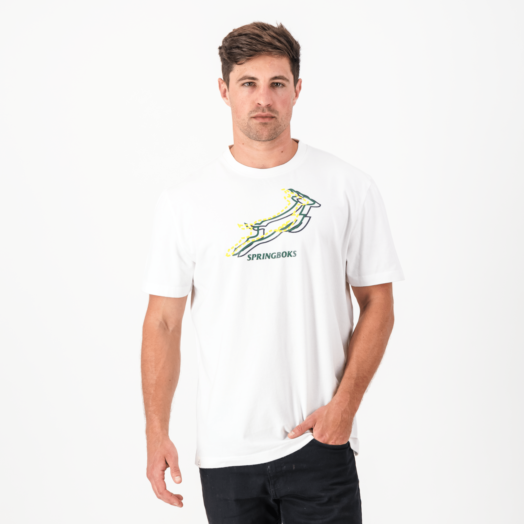 Stacked Springbok Crew Tee - White - Old School